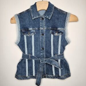 BEBE Blue Medium Wash Flap Pockets Logo Buttons Denim‎ Belted Vest Women's L NWT
